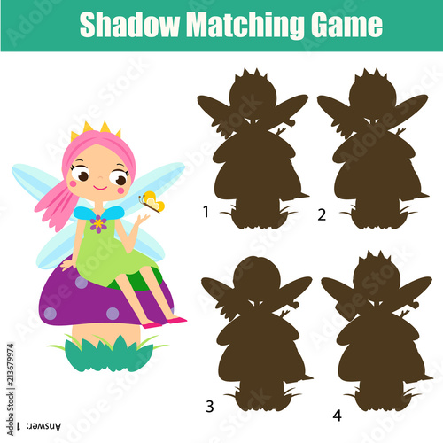 Shadow matching game for children. Find the right shadow. Activity for preschool kids with beautiful forest fairy character
