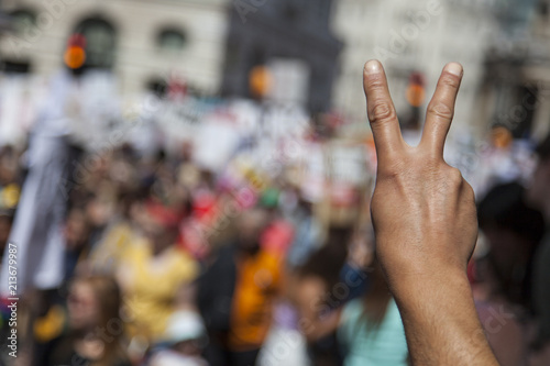 A raised hand of a protestor at a political demonstration © ink drop