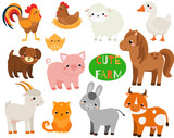 Cute cartoon farm animals set. Goat, pig, horse and other domestic creatures for kids and children