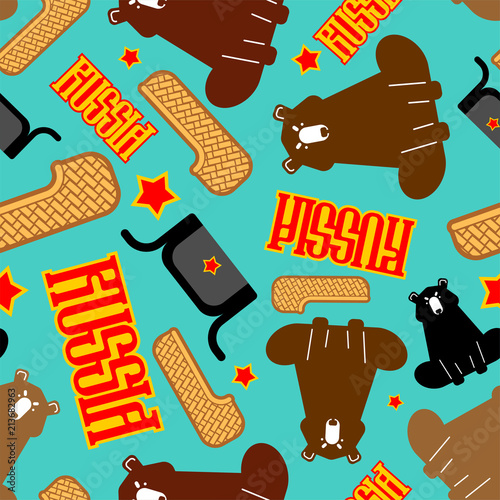 Russia pattern. Bast shoes and bear. Ushanka and red star. Russian National Folk Texture. Vector background