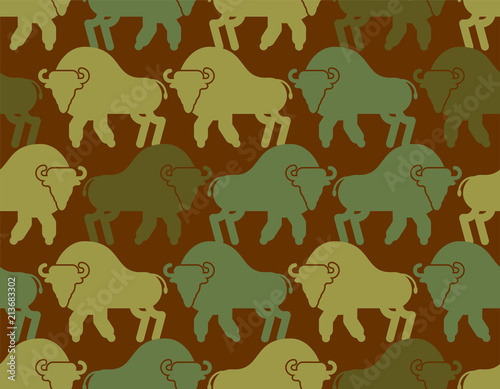 Bison military texture. Aurochs army pattern. Soldier protective Buffalo background. War hunter camouflage ornament. Wild Bull Vector illustration