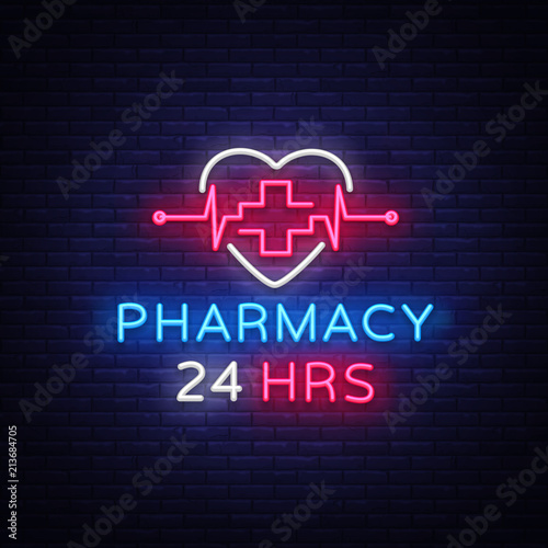 Pharmacy neon sign vector. Pharmacy 24 hours Design template neon sign, light banner, neon signboard, nightly bright advertising, light inscription. Vector Illustration