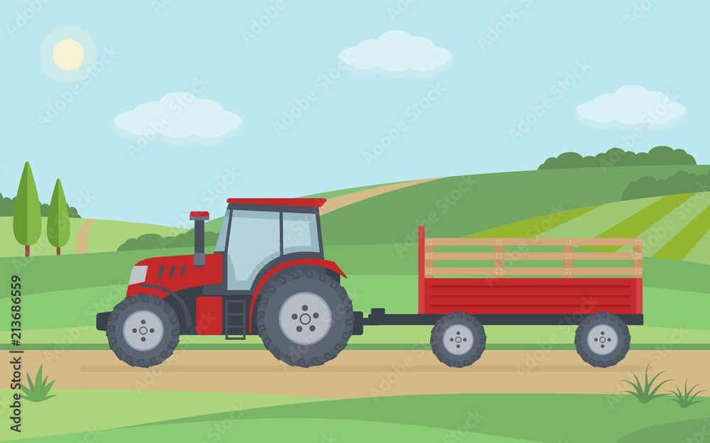 Red tractor with trailer on rural landscape background. Flat style vector illustration.
Red tractor with trailer on rural landscape background. Flat style vector illustration.