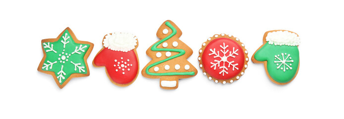 Tasty homemade Christmas cookies on white background