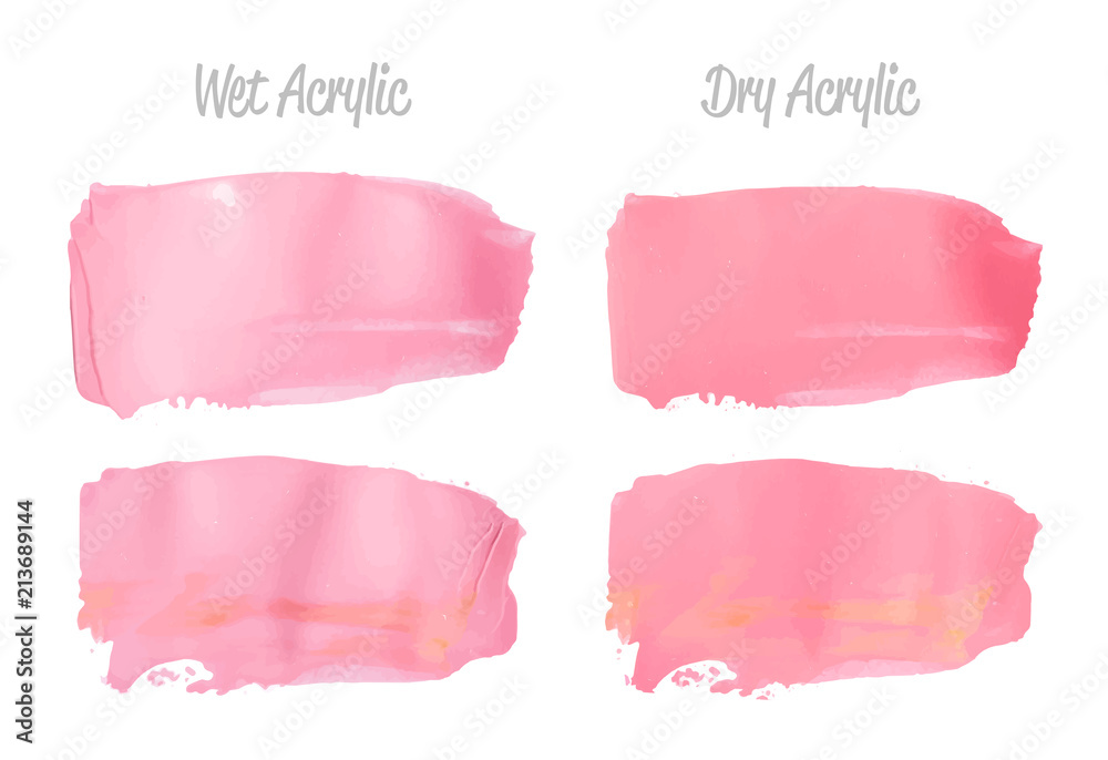 Vector pink paint smear stroke stain set. Abstract pink glittering textured art illustration. Acrylic Texture Paint Stain Illustration. Hand drawn brush strokes vector elements. Acrilyc strokes.