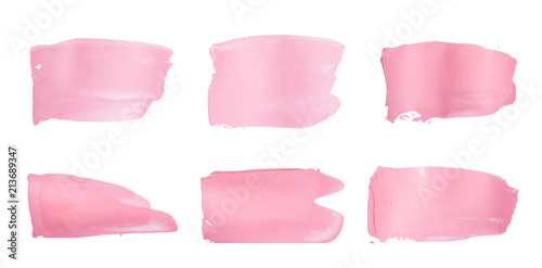 Vector pink paint smear stroke stain set. Abstract pink glittering textured art illustration. Acrylic Texture Paint Stain Illustration. Hand drawn brush strokes vector elements. Acrilyc strokes.