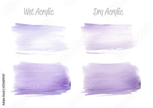 Vector violet paint smear stroke stain set. Abstract wet and dry acrylic textured art illustration. Acrylic Texture Paint Stain Illustration. Hand drawn brush strokes vector elements. Acrilyc strokes.