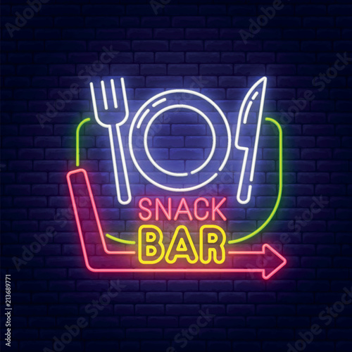 Snack bar neon sign, bright signboard, light banner. Cafe and restaurant logo, emblem. Vector illustration