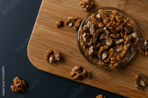 Healthy Breakfast ingredients walnuts. Healthy diet. Top view. Close up.