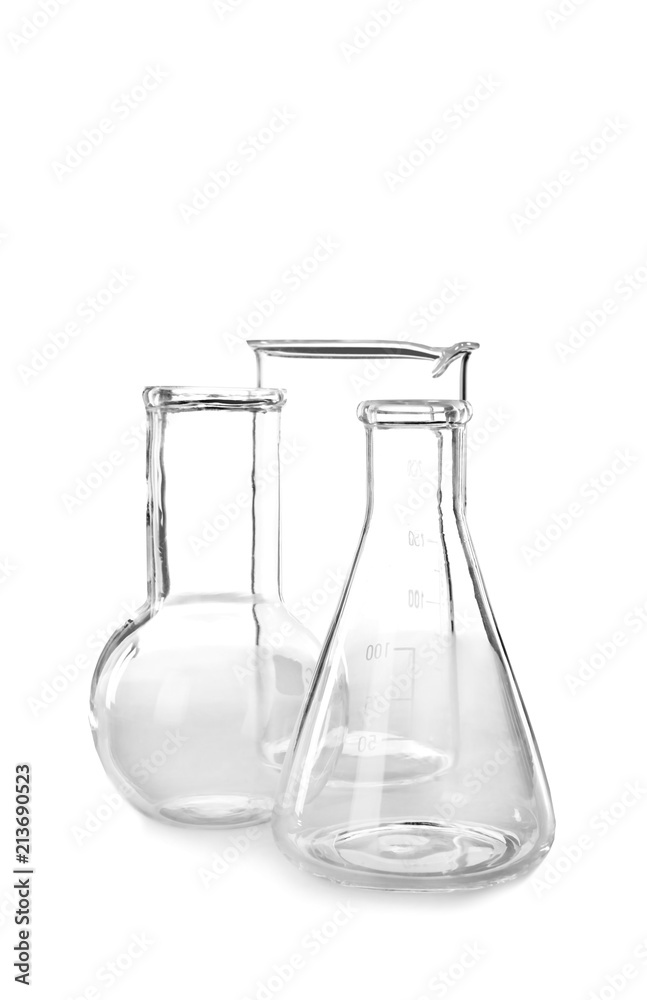 Empty flasks on white background. Laboratory analysis equipment Empty flasks on white background. Laboratory analysis equipment