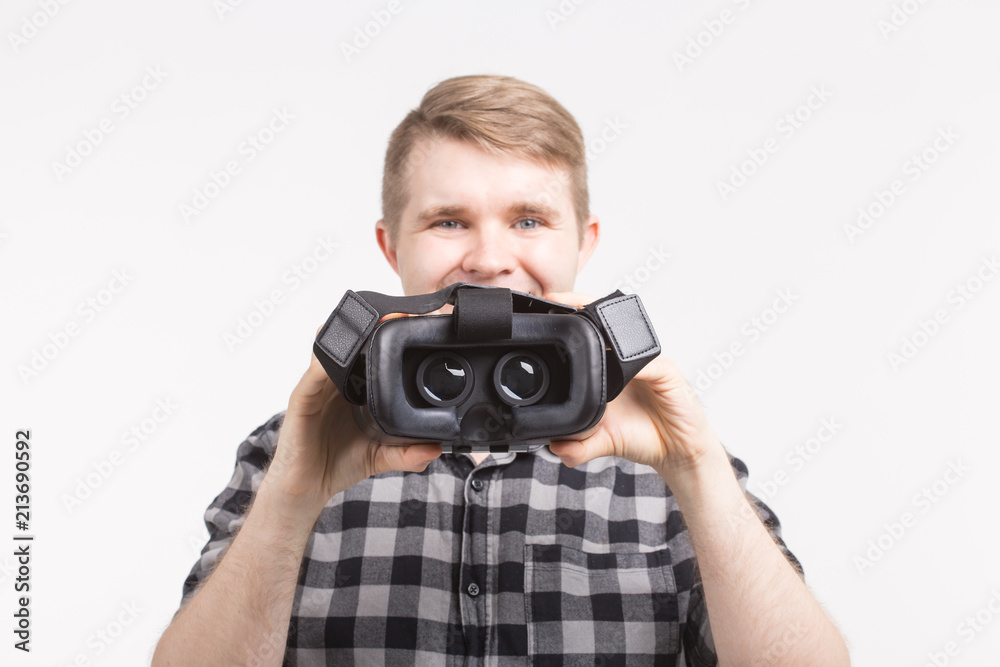 picture of VR glasses with happy men on background picture of VR glasses with happy men on background