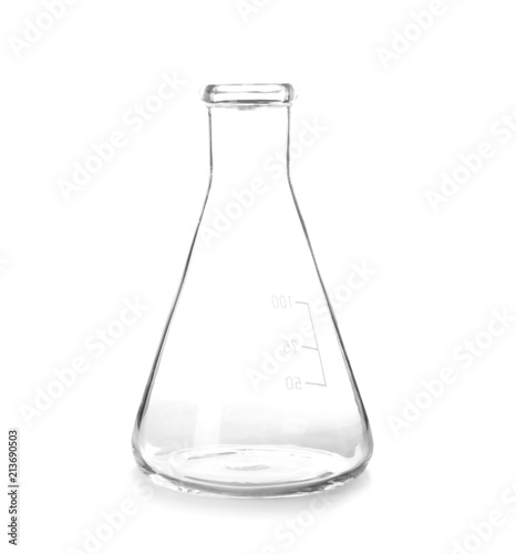 Empty flask on white background. Laboratory analysis equipment