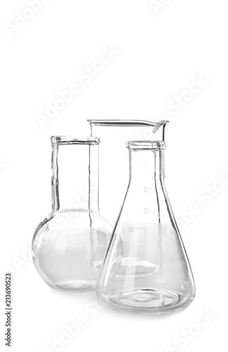 Empty flasks on white background. Laboratory analysis equipment