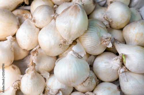 Pile of fresh ripe onions as background, closeup