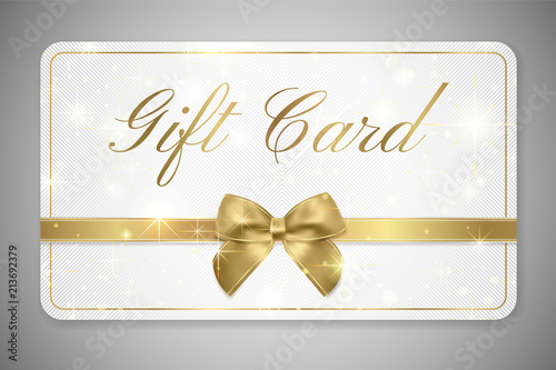 Gift card (Gift card discount), Gift coupon with golden ribbon, gold bow and star pattern. White background design (light) for voucher template design, invitation, ticket. Vector