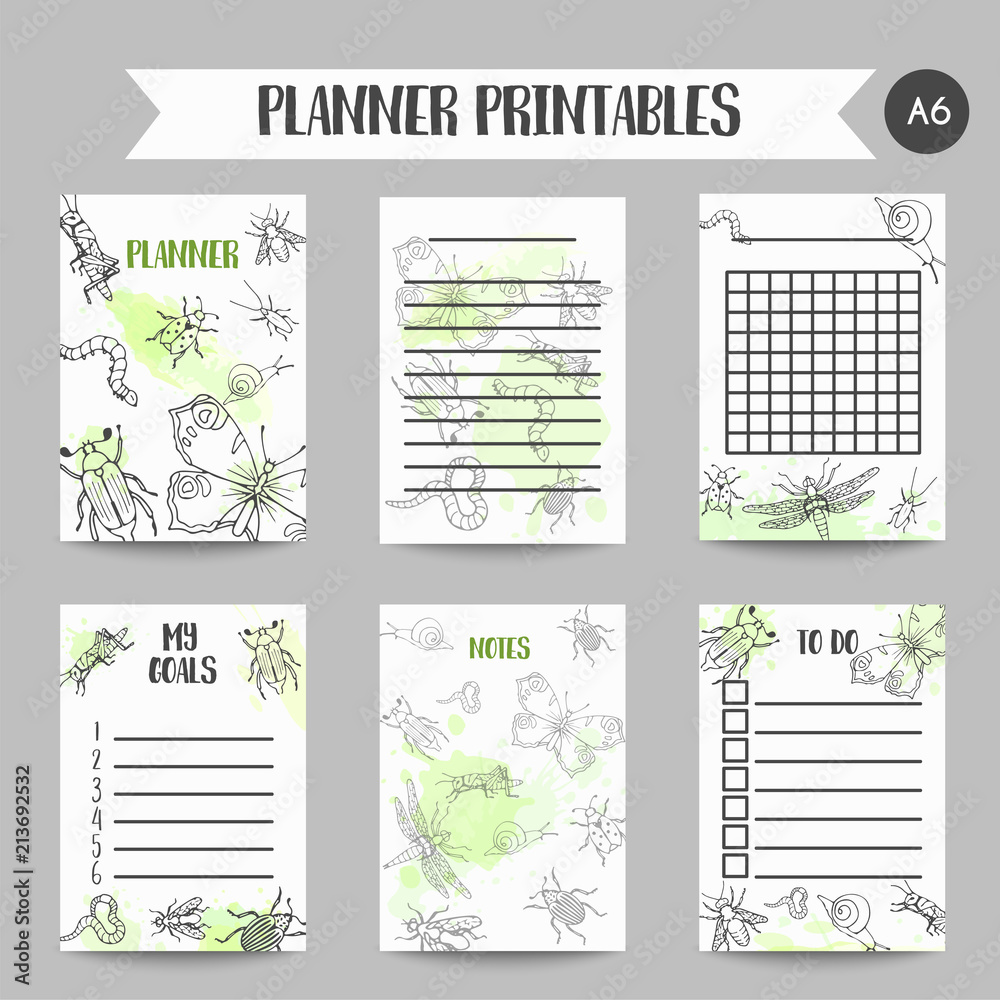 Bugs insects hand drawn notes Pest control organizer. Entomology