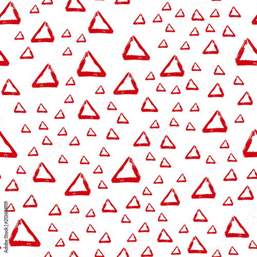 Vector seamless pattern with brush stripes and triangle. Red color on white background. Drawing grange texture. Ink geometric elements. Fashion modern style. Repeat fabric backdrop ornament print