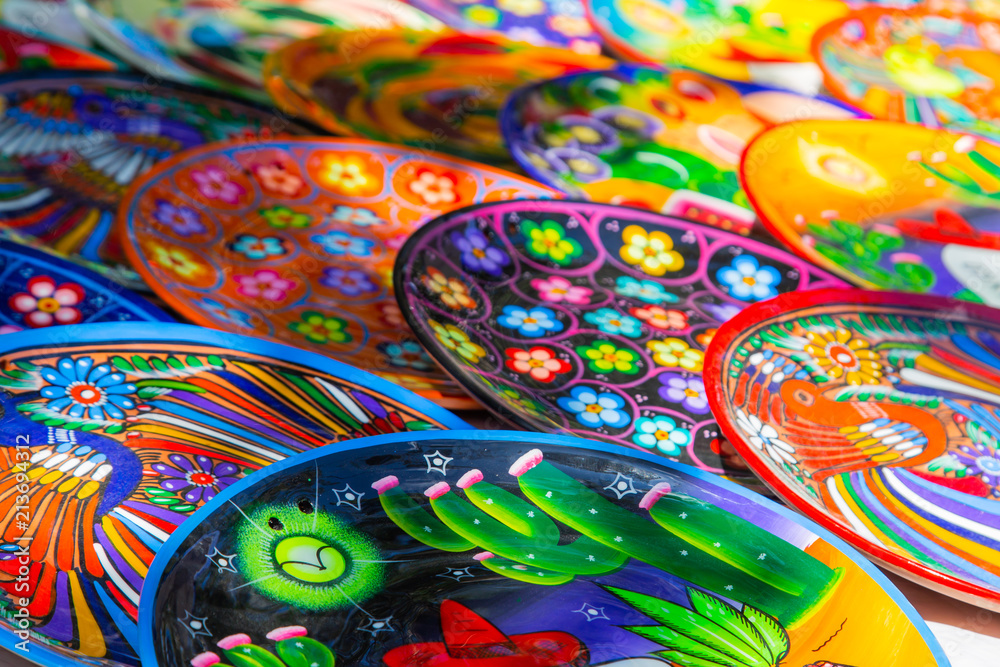 Plates in the traditional Mexican style. Souvenirs from Chichen Itza, Yucatán, Mexico.