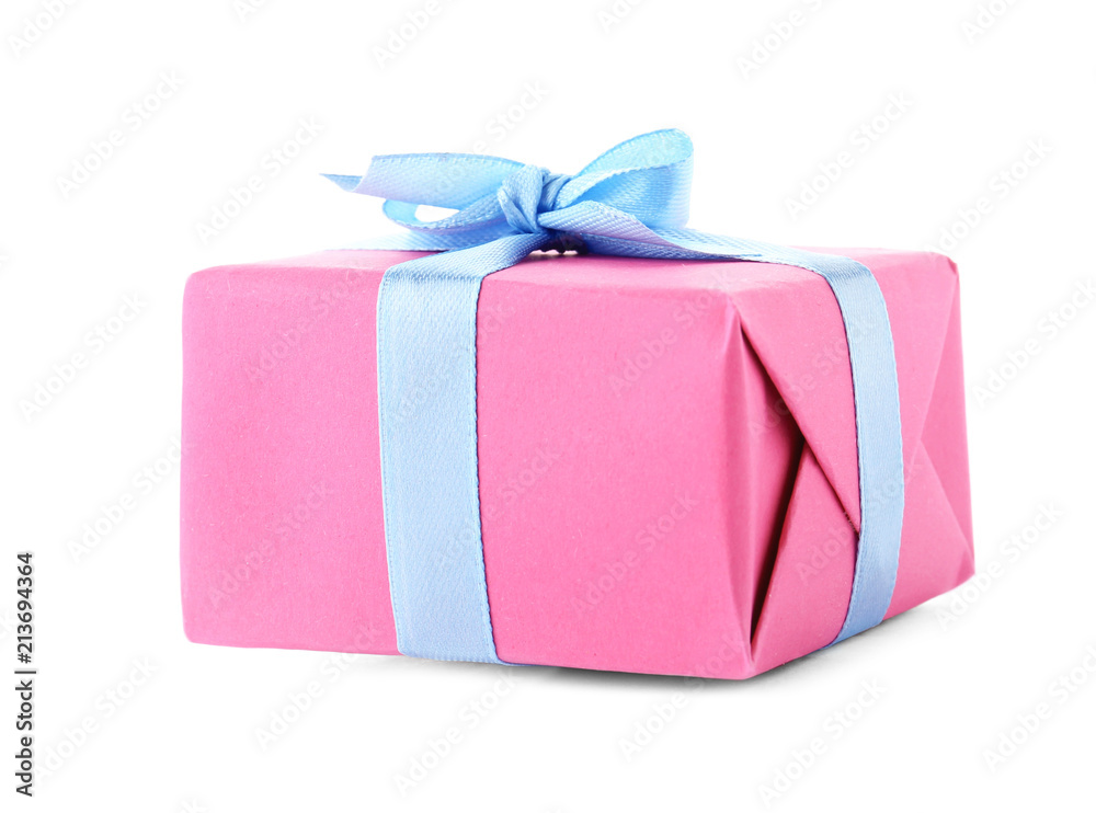 Obraz premium Beautiful gift box with ribbon on white background