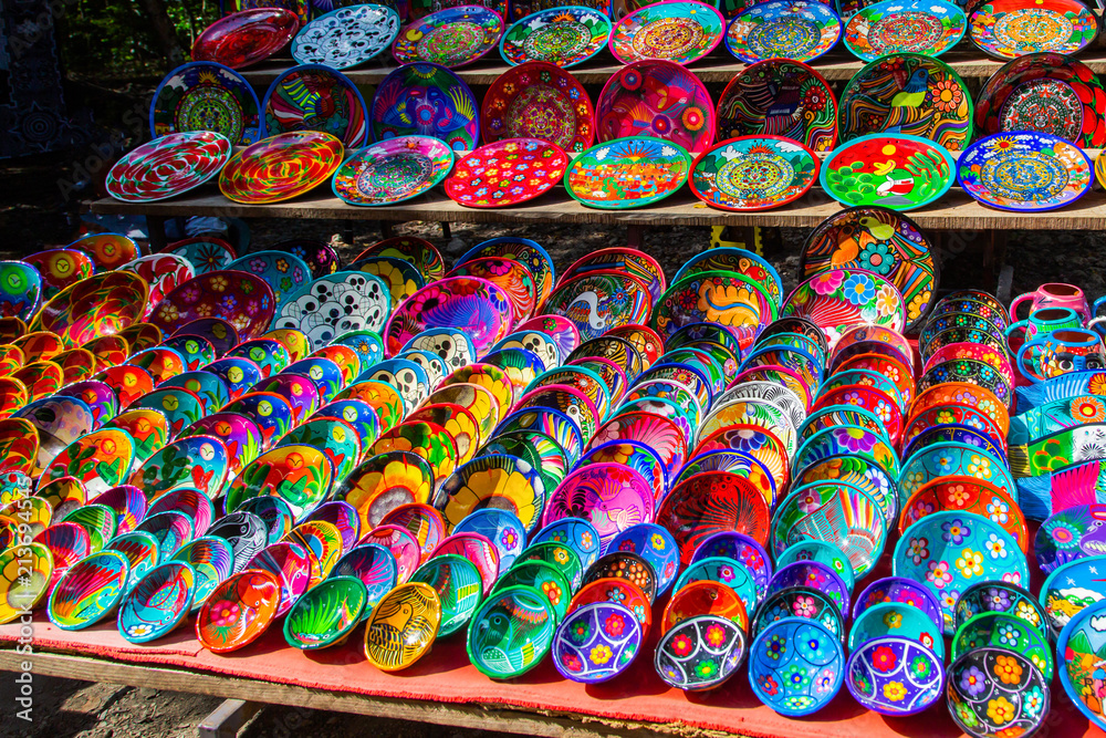 Plates in the traditional Mexican style. Souvenirs from Chichen Itza, Yucatán, Mexico.