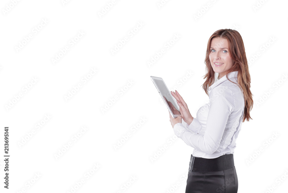 modern business woman using a digital tablet. isolated on white