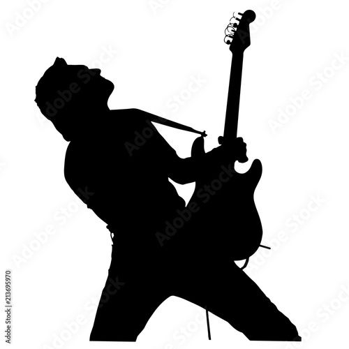 Vector drawing. Silhouette of man with electric guitar.