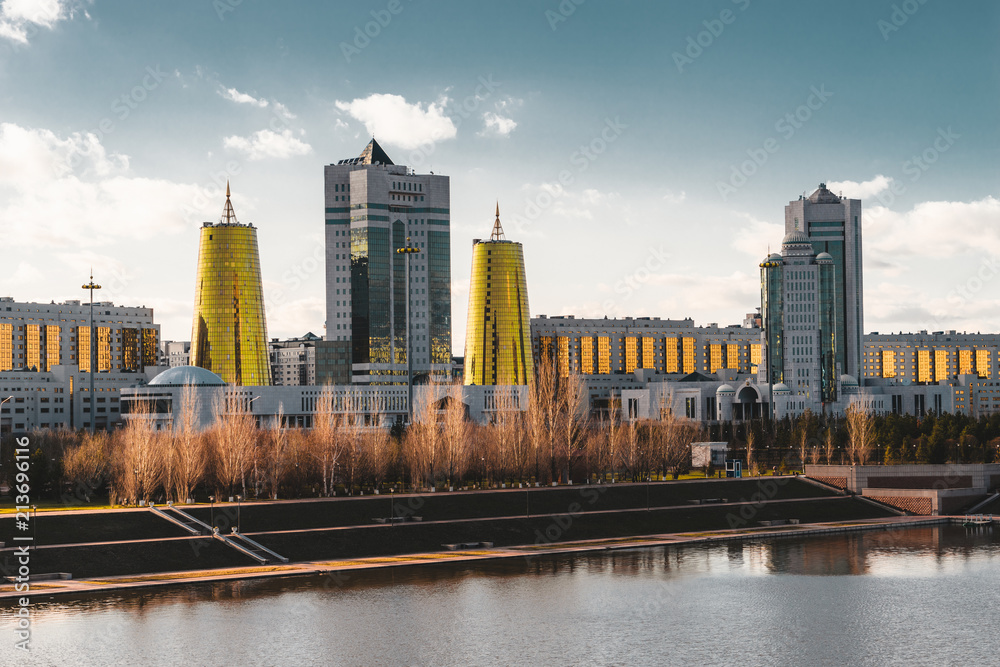 Obraz premium Elevated panoramic city view over Astana in Kazakhstan with Golden Towers aka the Beer Cans and presidential building Ak Orda 