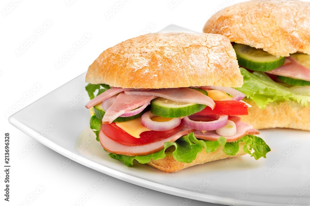 Fresh multi-grain turkey/chicken sub on white background Fresh multi-grain turkey/chicken sub on white background