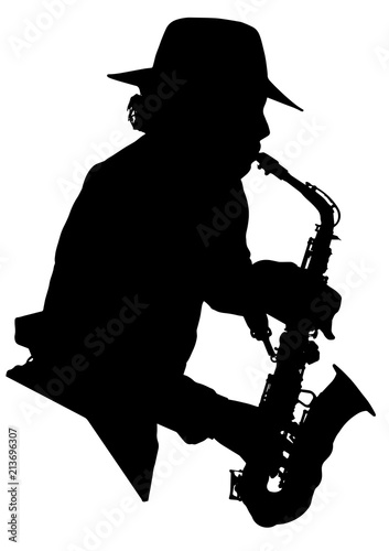 Vector drawing. Silhouette of a man with a saxophone. Saxophonist.