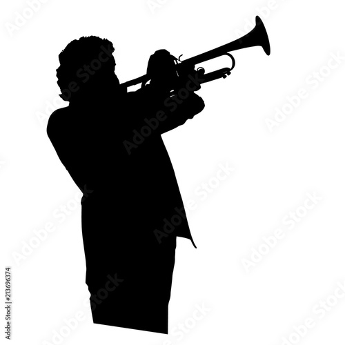 Vector drawing. Silhouette of a man with a trumpet. Trumpeter.