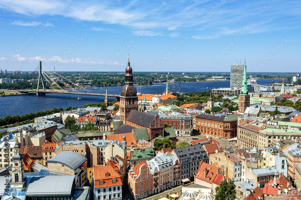 Aerial view of Riga with the Dome Cathedral and embankment of the river Daugava