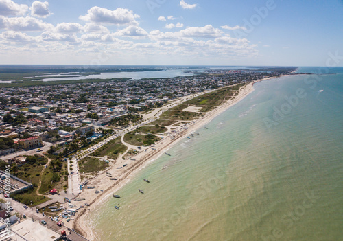 Aerial View Progreso beach in the north of Yucatan, Mexico. Progreso is a peaceful town in Mexico on Yucatan Peninsula, Gulf of Mexico. Aerial photo on a city in Mexico