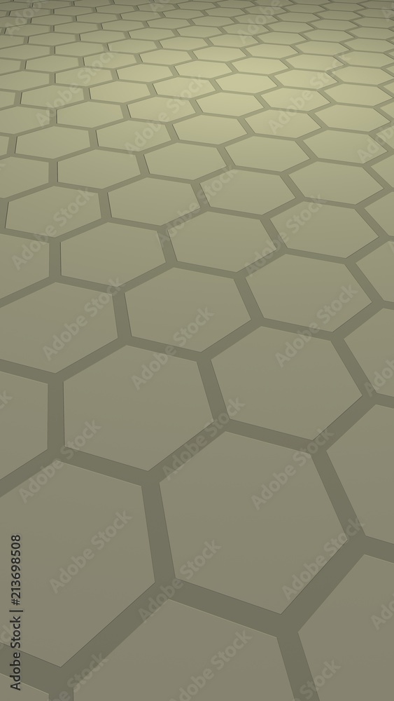 Honeycomb with color lighting, on a gray background. Perspective view on polygon look like honeycomb. Isometric geometry. Vertical image orientation. 3D illustration