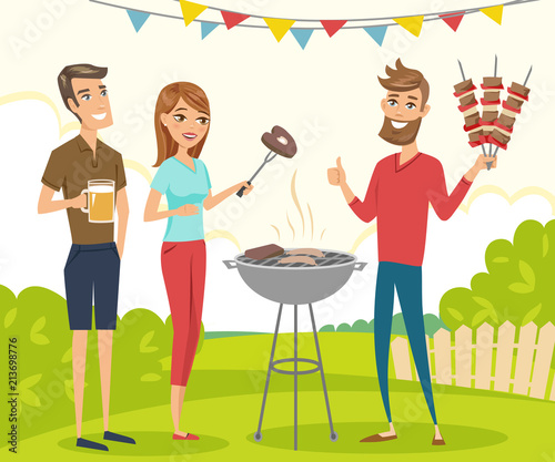 BBQ party with friends. Vector characters illustration isolated.