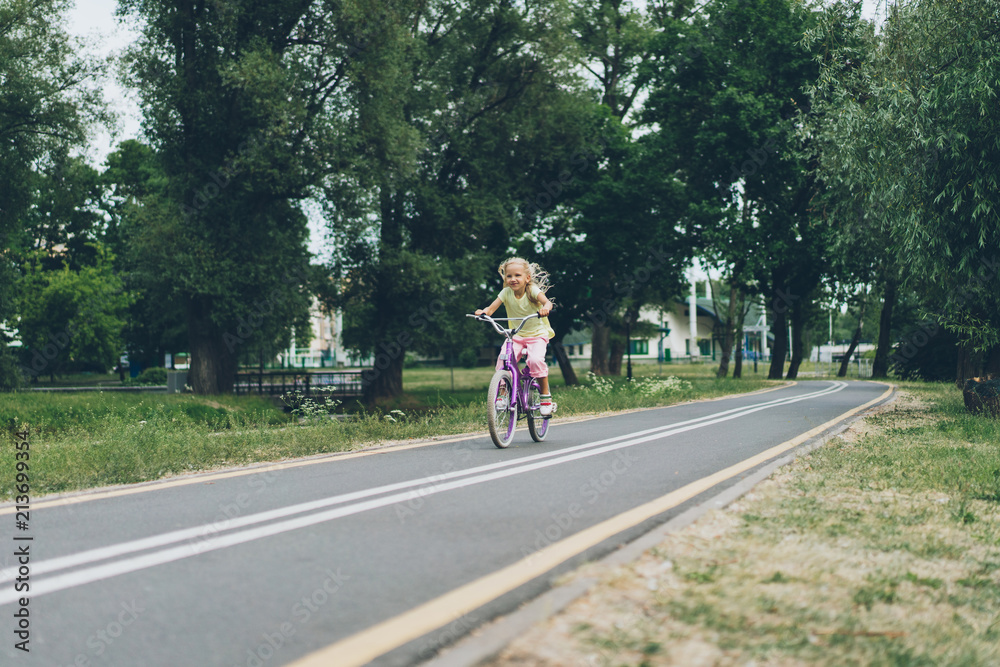 little child riding bicycle on road in park on summer day little child riding bicycle on road in park on summer day