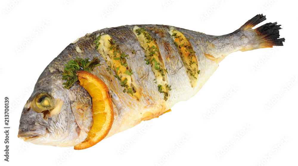 Whole grilled bream fish isolated on a white background