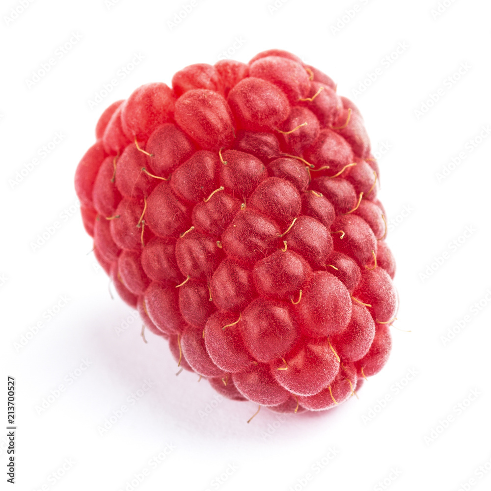One juicy raspberry on white background One juicy raspberry on white background