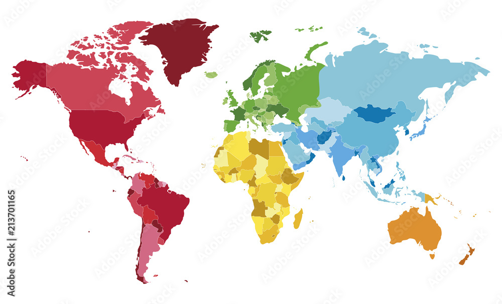 Obraz premium Political blank World Map vector illustration with different colors for each continent and different tones for each country. Editable and clearly labeled layers.