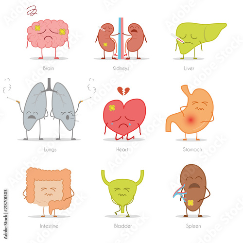 Set of 9 sick human organs in cartoon style: brain, kidneys, liver, lungs, heart, stomach, intestine, bladder and spleen.