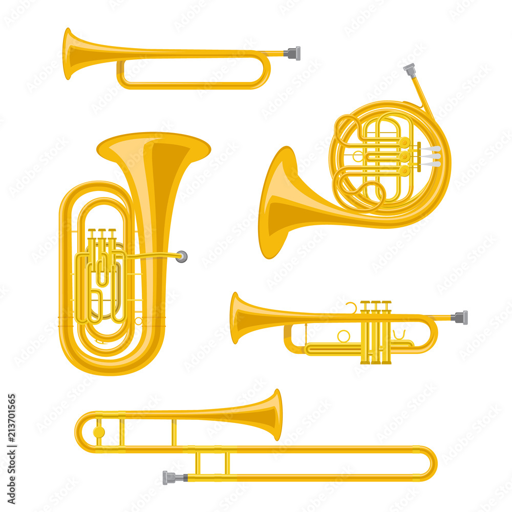 Fototapeta premium Vector illustration set of brass musical instruments in cartoon style isolated on white background