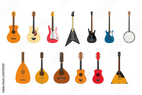 Vector illustration set of string instruments playing by plucking the strings