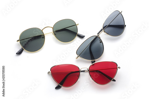 set of sunglasses metal frame: cat's eye and round isolated on white