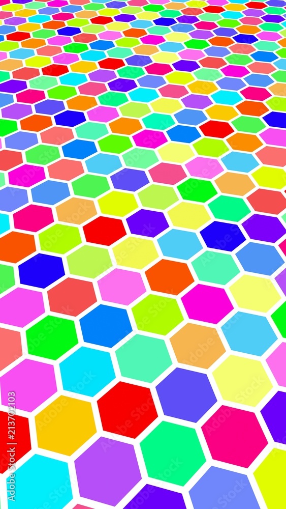 Honeycomb multi-colored. Perspective view on polygon look like honeycomb. Wavy surface. Isometric geometry. 3D illustration Honeycomb multi-colored. Perspective view on polygon look like honeycomb. Wavy surface. Isometric geometry. 3D illustration