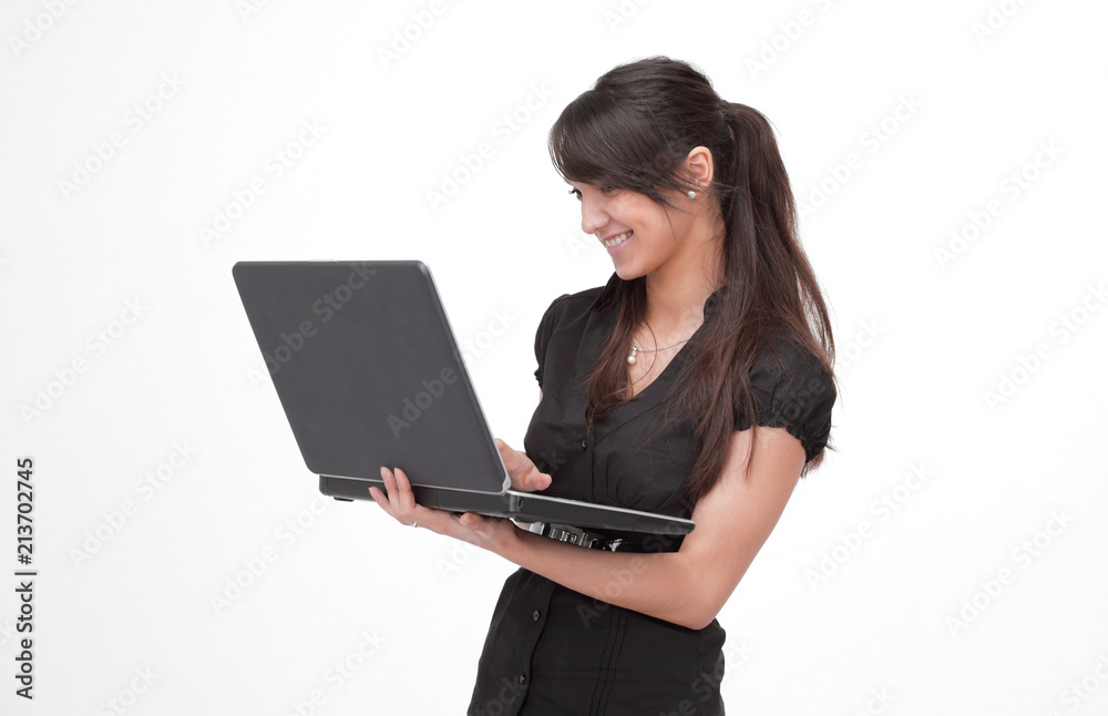 young woman typing text on laptop keyboard.isolated on white background young woman typing text on laptop keyboard.isolated on white background