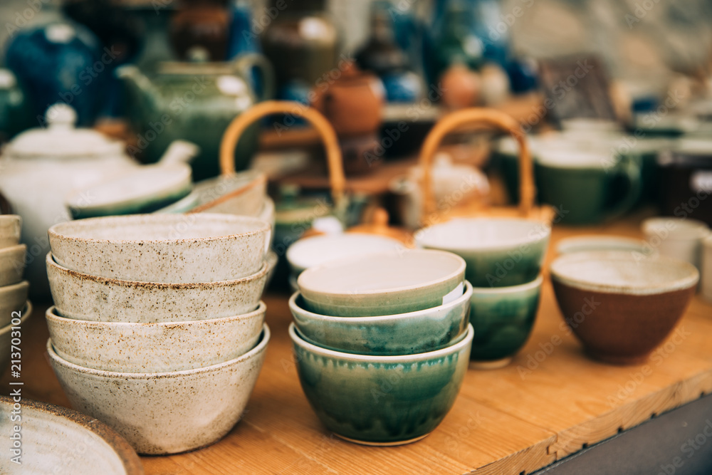 Ceramic Clay Crafts. Ceramic Dishware In Market. Bowls Of Different Ceramic Clay Crafts. Ceramic Dishware In Market. Bowls Of Different