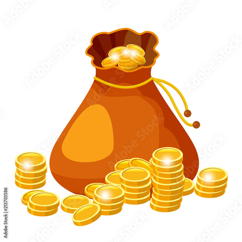 Cartoon big old bag with gold coins. Cash prize vector concept. Bag with golden coin, illustration of money, isolared on white background