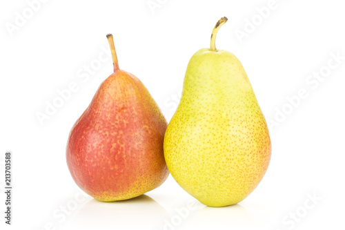 Group of two whole fresh red pear forelle variety isolated on white