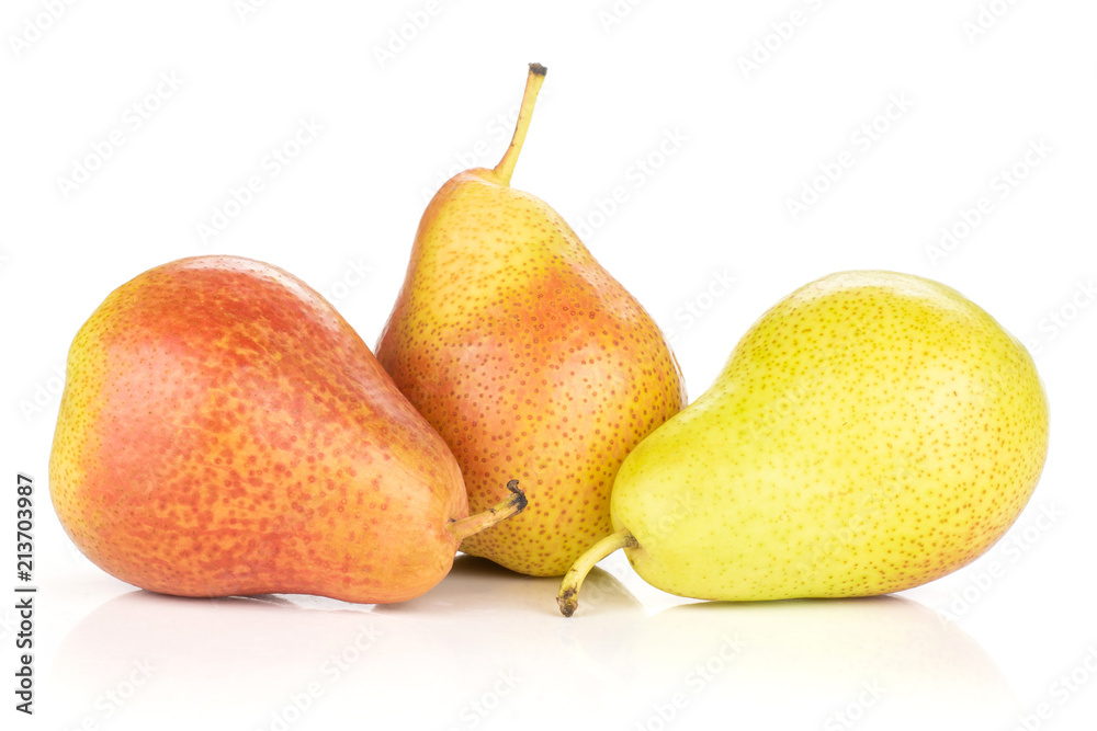 Group of three whole fresh red pear forelle variety set isolated on white Group of three whole fresh red pear forelle variety set isolated on white