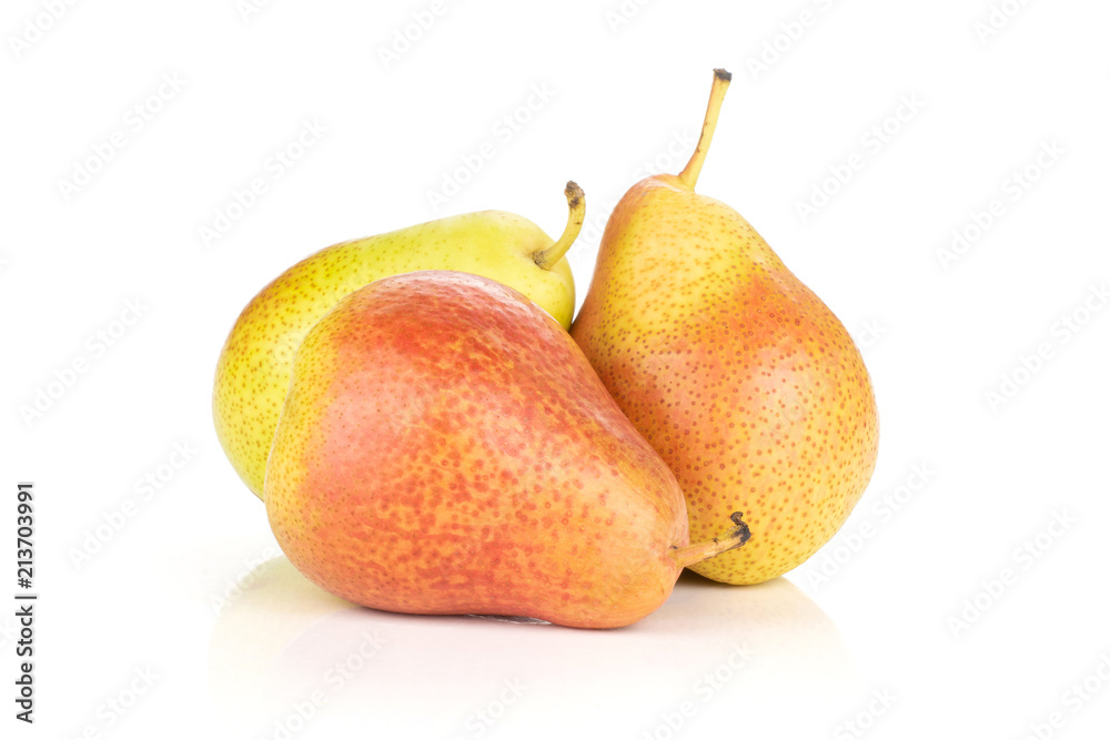 Group of three whole fresh red pear forelle variety stack isolated on white Group of three whole fresh red pear forelle variety stack isolated on white