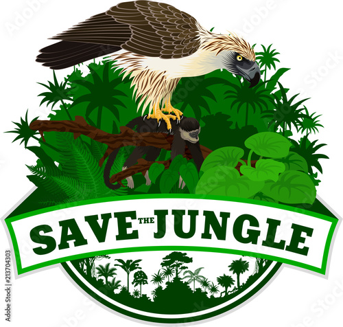 Vector Jungle Emblem with philippine Eagle - Pithecophaga jefferyil with monkey photo